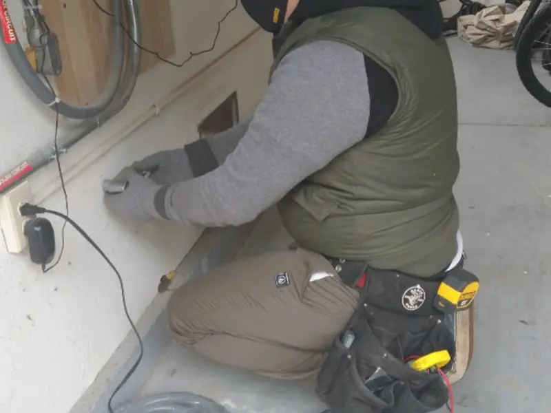 Electrician performing outlet wiring in a McCall garage